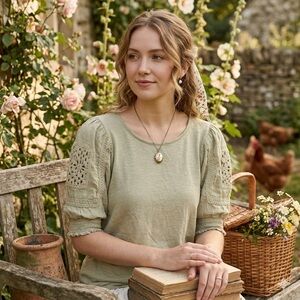 Design History Earthy Olive Boho Crochet Puff Sleeve Top Cottagecore Spring